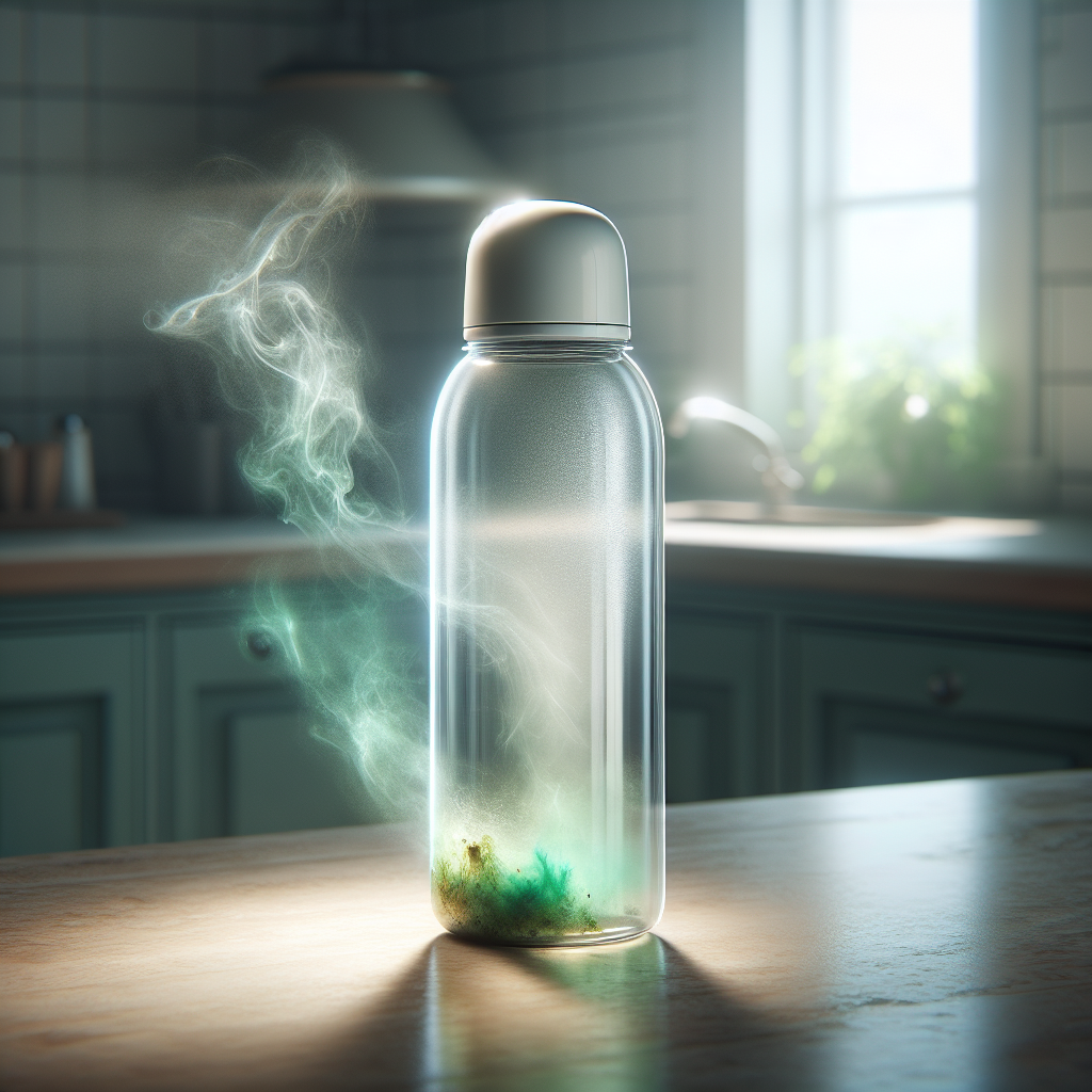 A close-up, slightly elevated shot of a transparent reusable water bottle or a thermos bottle, with a subtle, unpleasant, greenish stain hinting at mold inside. A wavy, ethereal, slightly green-tinted vapor symbolically representing a foul odor is visibly escaping from its opening. The background is a blurred, clean kitchen counter. Soft, natural light. Realistic, detailed photography style.