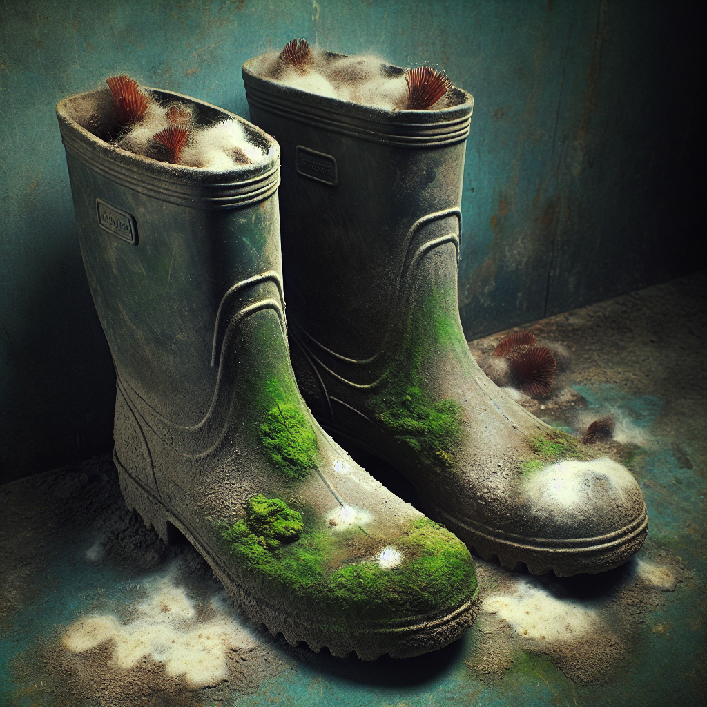 A close-up of a pair of well-worn, slightly damp rubber boots (like Wellington boots) with visible patches of white and green mold growing on the surface. The setting is a dim, slightly damp environment, perhaps a corner of a utility room or a porch, emphasizing the unpleasantness and the source of the moldy smell. Realistic, detailed texture of rubber and mold.