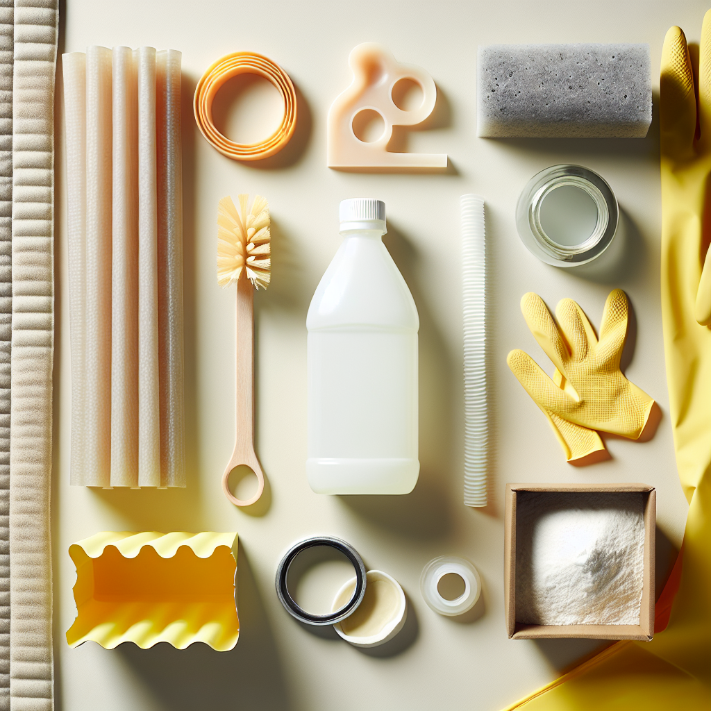 A bright, clean flat lay composition on a light surface showing various rubber items like a small section of a shower curtain, a flexible rubber seal, and a pair of yellow cleaning gloves. Next to them are common household cleaning items: an open bottle of white vinegar, a box of baking soda, and a cleaning sponge. The scene is well-lit, conveying cleanliness and the process of odor removal.