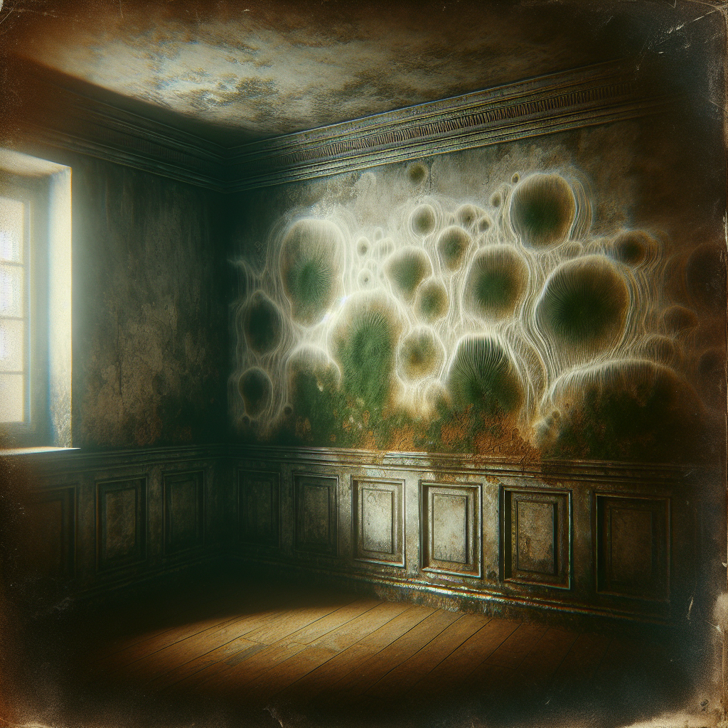 A dimly lit, slightly damp corner of an old house interior. There's a subtle, almost visible green-grey mold patch on the wall or ceiling, emitting a faint, unpleasant, wavy, brownish 'smell' aura that subtly permeates the air. The overall feeling is one of mustiness and a hidden problem. Realistic style, focus on atmosphere and the invisible unpleasantness.