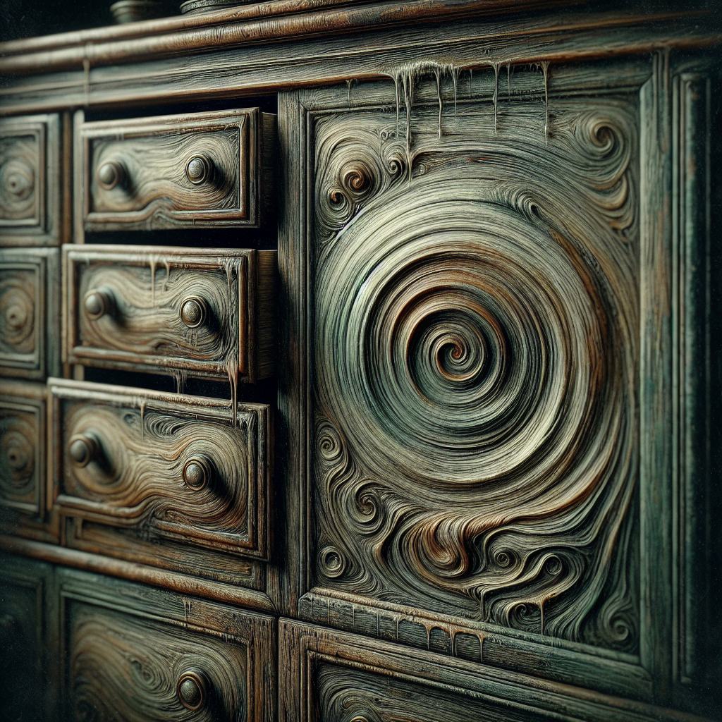 A close-up of an old, slightly damp wooden antique dresser or cabinet. Subtle hints of moisture stains and a visible, swirling, unpleasant 'muffig' (musty/moldy) smell are emanating from the wood, depicted as a smoky, greenish-grey aura. The scene is slightly dim, conveying a sense of dampness and unpleasantness. Realistic, high detail.