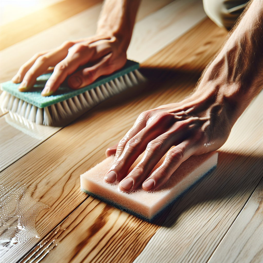 Bright, clean hands actively scrubbing a section of a wooden surface (could be a floorboard or a piece of furniture) with a natural cleaning solution. The wood where it's being cleaned looks light and fresh, contrasting with a slightly duller, uncleaned area. A sense of freshness and revitalization. Focus on practical, effective cleaning. Bright, well-lit, realistic.