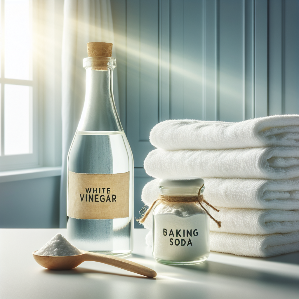 A bright and clean scene featuring a bottle of white vinegar and a small bag or container of baking soda, neatly arranged next to a stack of fresh, fluffy white towels. The background is a clean laundry room or a sunny window sill, evoking a sense of freshness and natural cleaning solutions. Realistic photo, studio lighting.
