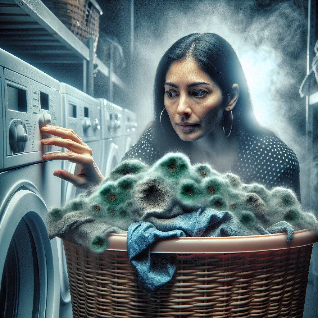 A close-up shot of a laundry basket filled with damp, slightly discolored clothes, with a subtle, unpleasant green-grey vapor rising from them to symbolize mold smell. The background is a dimly lit, humid laundry room. A human hand cautiously hovers over the clothes. Realistic, slightly moody photograph.