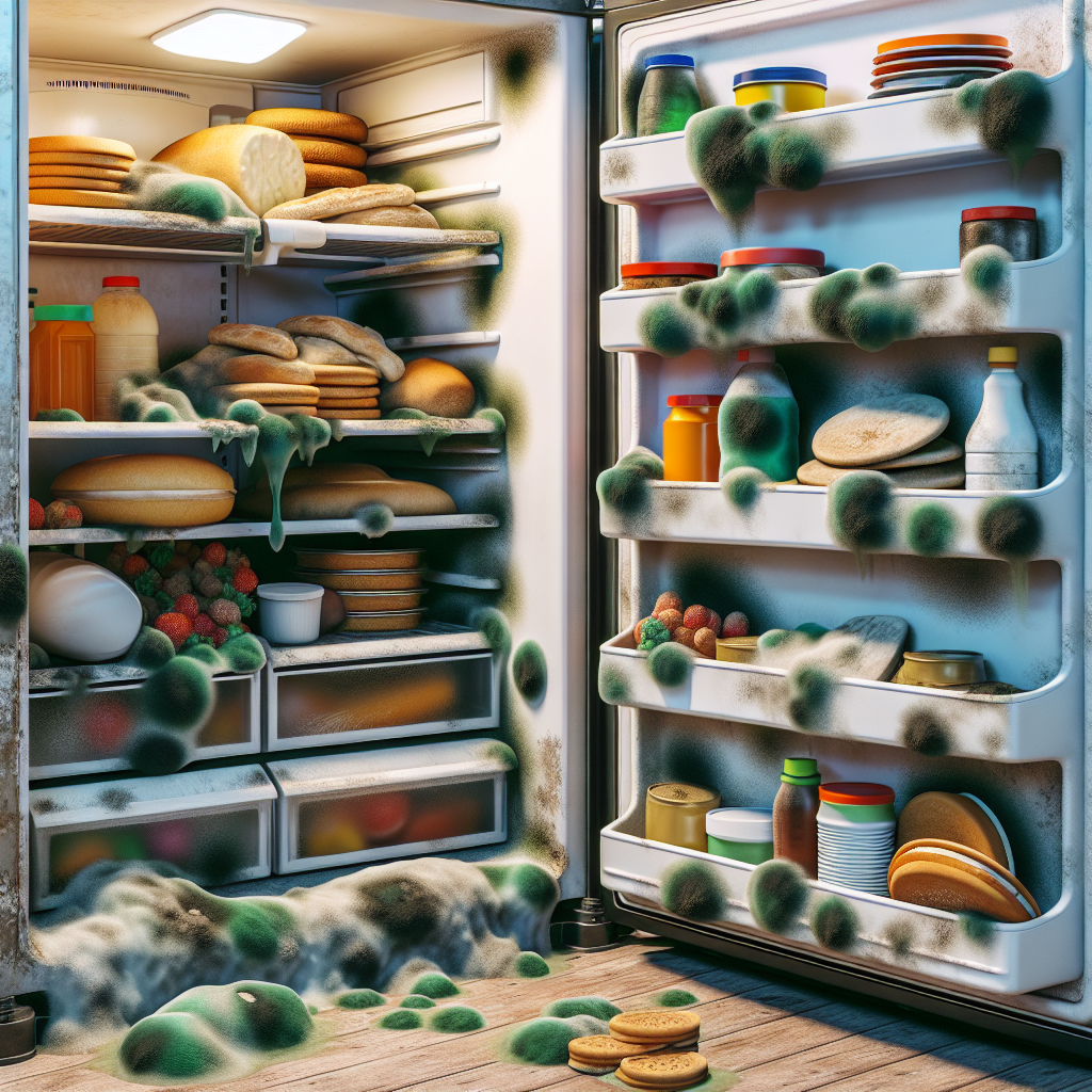 A visibly moldy and unhygienic open refrigerator interior. Green and black mold spots are evident on shelves and forgotten, rotting food. The scene conveys a strong, unpleasant, musty odor, realistic photo.