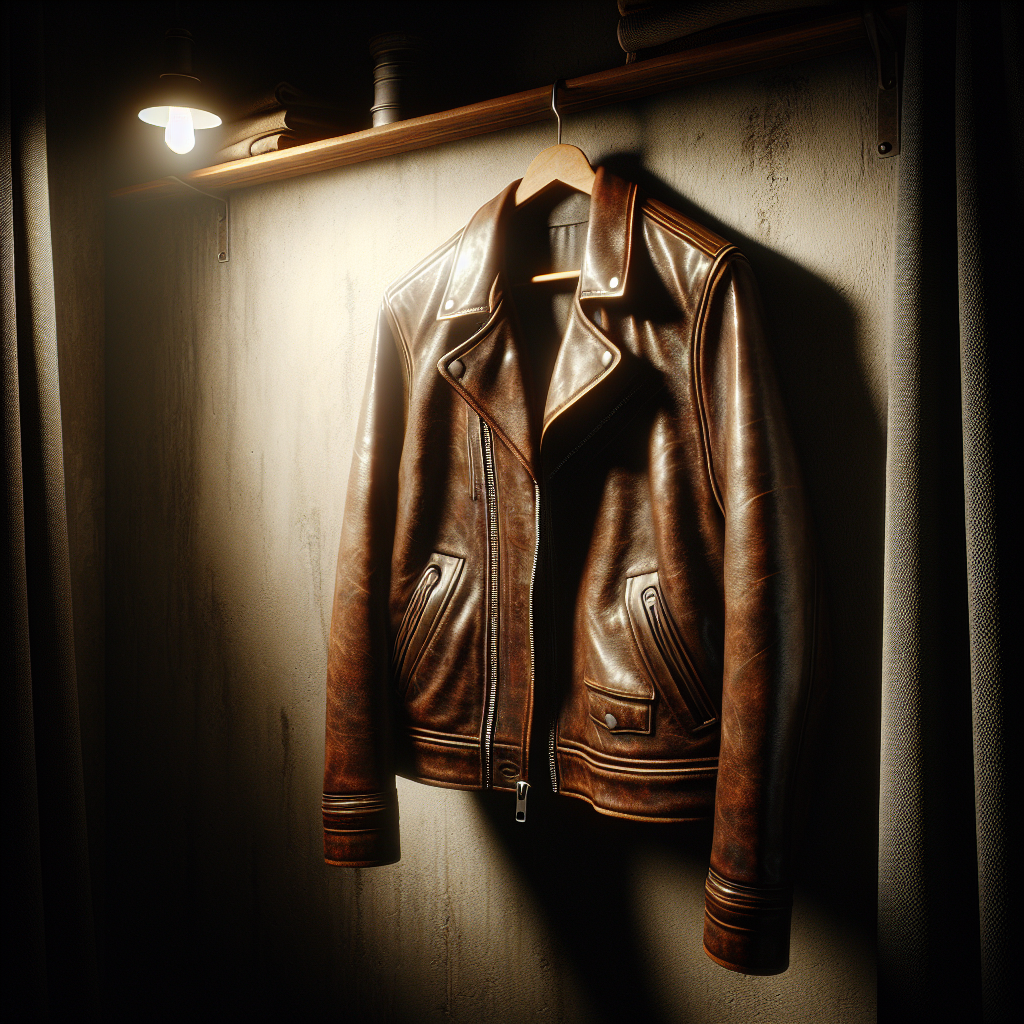 A classic brown leather jacket hanging in a slightly neglected, dimly lit corner of a closet. The atmosphere suggests a musty, damp environment, with a subtle visual hint of an unpleasant odor emanating from the jacket. Emphasize the texture of aged leather. Realistic, slightly moody lighting, naturalistic.