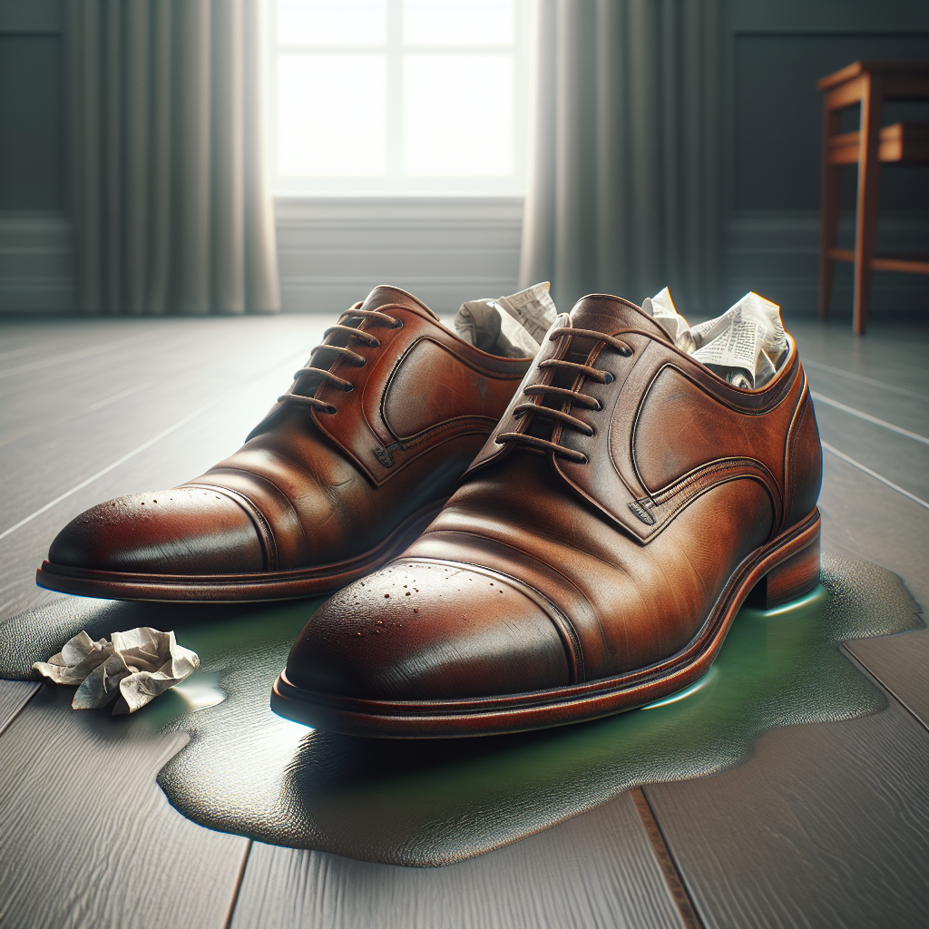 A pair of classic brown leather men's dress shoes, slightly scuffed and with a subtle, diffused hint of greenish haze around them to suggest mold or moisture, partially stuffed with crumpled newspaper. They are placed on a clean wooden surface in a well-lit, airy room, symbolizing the drying process. Professional product photography, natural light, high detail.