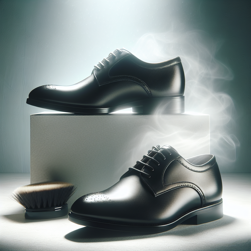 A pristine, elegant pair of black polished leather shoes, looking perfectly clean and gleaming, with a subtle, fresh, almost invisible mist or gentle glow emanating from them, symbolizing freshness and successful odor removal. They are set against a minimalist, bright background. High-quality product photography, crisp focus, clean aesthetic.