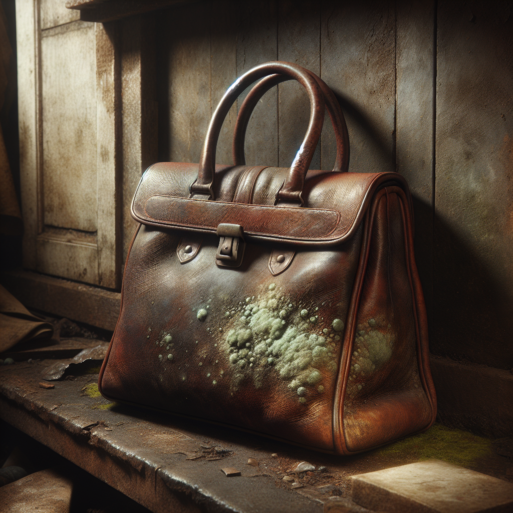 A vintage brown leather handbag, slightly discolored with subtle greenish-grey mold patches, sitting in a dimly lit, damp-looking corner of an old cellar. The atmosphere is musty and neglected, with a faint, uninviting glow. High detail, photorealistic.