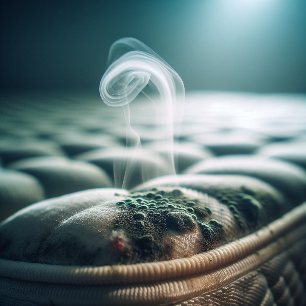 A close-up of a mattress corner, showing subtle signs of dampness and a faint, musty discoloration. A translucent, slightly green or grey vapor subtly rises from it, symbolizing a strong, unpleasant moldy smell. The background is a slightly shadowed bedroom, creating an atmosphere of discomfort and neglect.