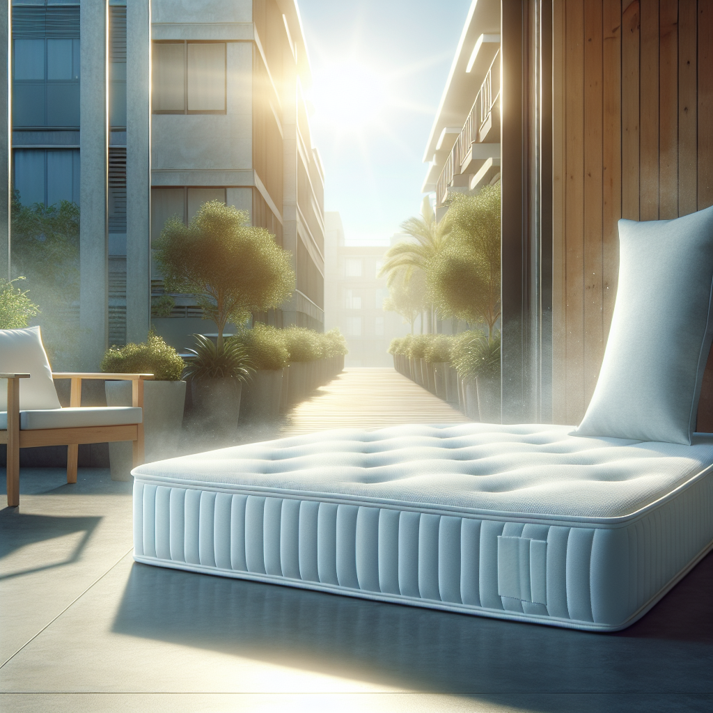A bright, inviting image of a clean, fresh mattress positioned upright on a sunny balcony or next to a wide-open window, bathed in warm sunlight. Crisp, fresh air is visually implied, and the scene evokes a sense of renewal, cleanliness, and freshness. The mattress looks well-ventilated and pure.