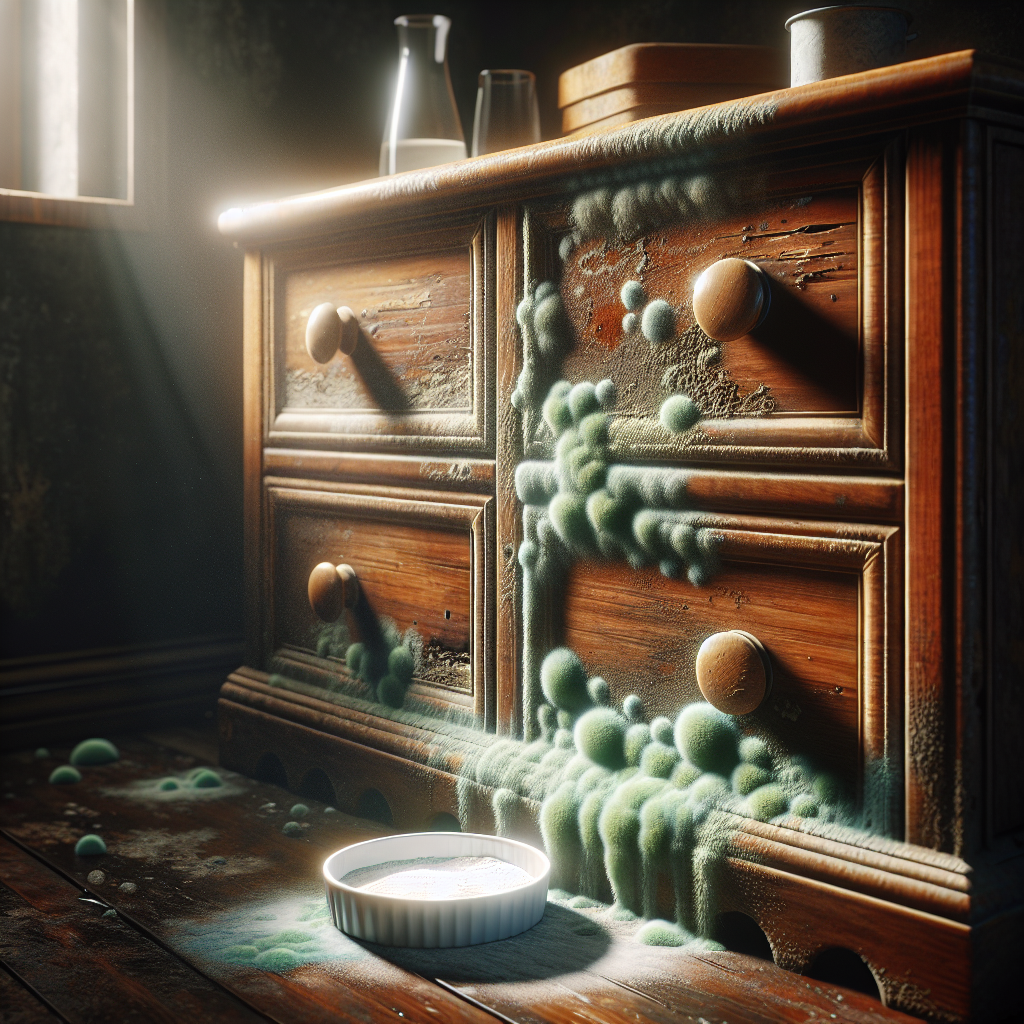 A close-up shot of an old wooden dresser with visible moisture stains and a subtle greenish-blue mold bloom in a slightly damp, dimly lit room. Sunlight streams through a window, highlighting dust particles in the air and a general sense of neglect. A small dish of baking soda sits inconspicuously nearby, suggesting a remedy. The overall mood is a bit musty but hopeful for improvement.