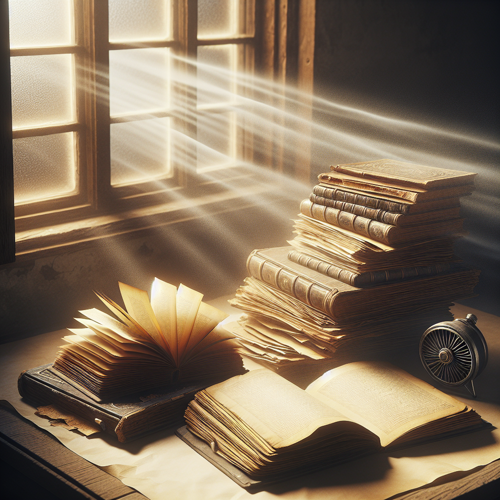 An atmospheric image of several old, cherished books and documents, some slightly open, laid out on a clean surface near an open window, with a soft breeze suggesting ventilation and drying. The lighting is warm and natural, conveying a sense of care and the initial step of removing a musty smell from paper. Focus on texture and a hint of age, realistic photo.