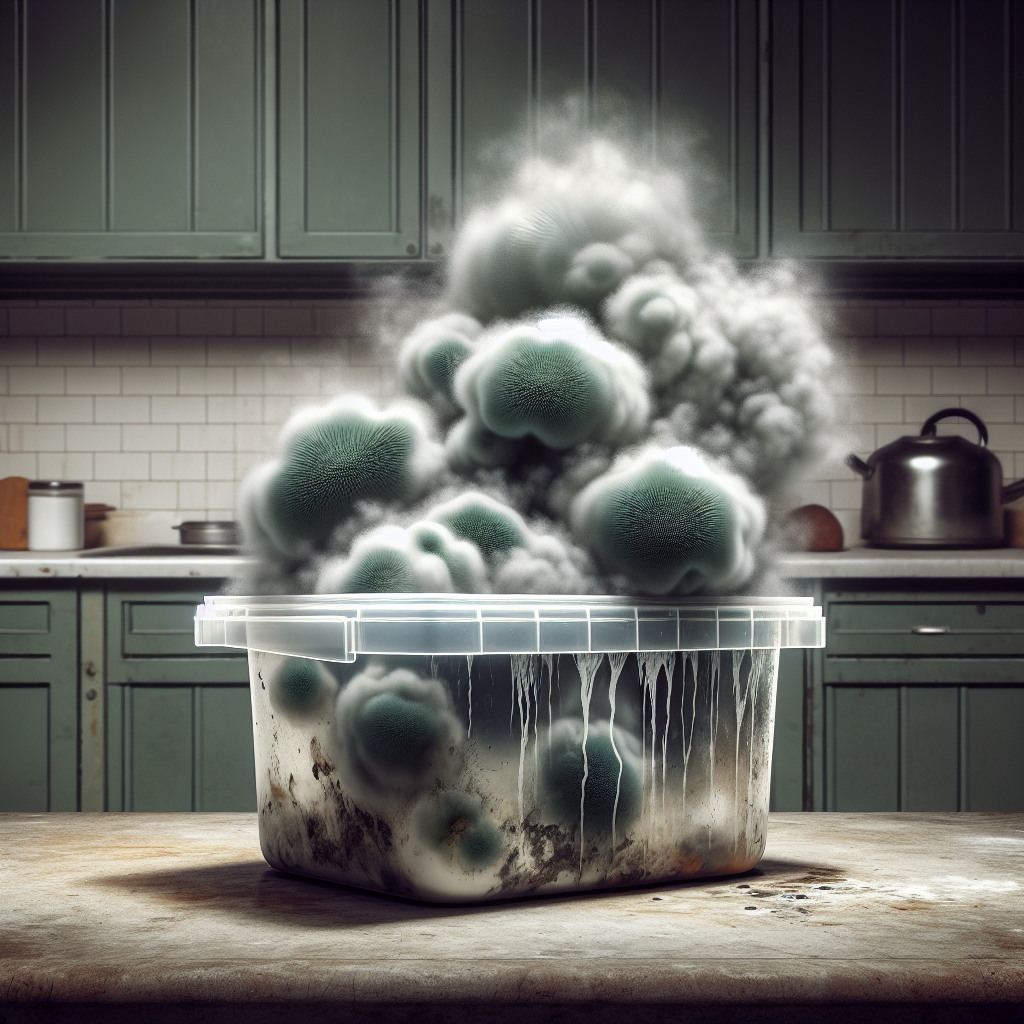 A neglected, slightly open plastic food storage container on a kitchen counter, emitting a visible, stylized, unpleasant greenish-grey 'mold smell' cloud from inside. The container looks a bit dirty or forgotten, with condensation, symbolizing the bad odor. Focus on the problem of mold smell in plastic.