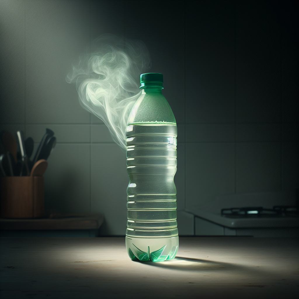 A slightly cloudy or discolored reusable plastic water bottle with a visible, subtle waft of unpleasant, green-tinted odor emanating from its opening, sitting on a kitchen counter in dim, natural light, conveying a sense of staleness and neglect. Realistic photography.