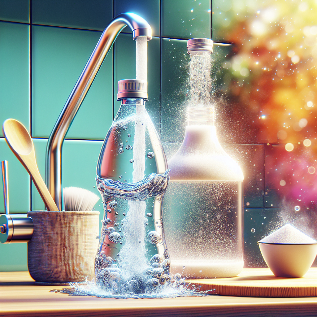 A clean, sparkling reusable plastic water bottle being thoroughly rinsed under a faucet or filled with a bubbling mixture of water and a cleaning agent (like a clear liquid representing vinegar or a white powder representing baking soda). A fresh, bright kitchen setting, emphasizing cleanliness and effective solutions. Realistic photography.