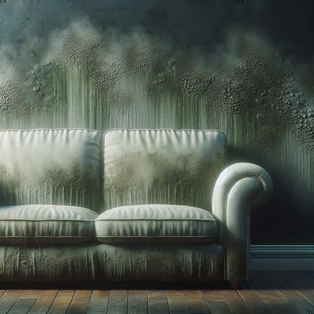 A close-up of a vintage fabric sofa in a dimly lit, slightly damp living room. A subtle, greenish-grey, wavy mist visually emanates from the cushions, representing a strong, musty mold smell. The atmosphere feels heavy and unwelcoming. Focus on the fabric texture and the sense of an unpleasant odor. Photorealistic, high detail, interior photography.