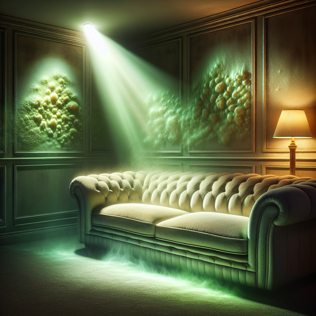 A close-up of a plush, upholstered sofa in a dimly lit living room. A faint, greenish, wavy vapor subtly rises from the fabric, symbolizing a persistent, musty mold smell. Realistic photograph, atmospheric and slightly unsettling.