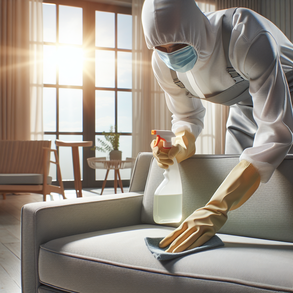 A person wearing gloves, diligently wiping down the upholstery of a stylish, modern sofa with a cloth and a spray bottle of vinegar. Bright natural light floods the room, and an open window in the background suggests ventilation and freshness. Realistic photo, clean aesthetic.