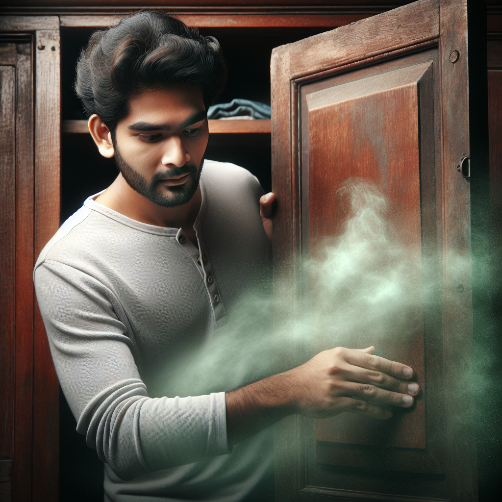 A person opening an old wooden wardrobe, recoiling slightly with a look of distaste as a subtle, greenish-grey wispy mist, representing a strong musty smell, wafts out. The interior of the wardrobe is dimly lit, hinting at dampness and potential hidden mold. Realistic photo, atmospheric, depicting an unpleasant household problem.