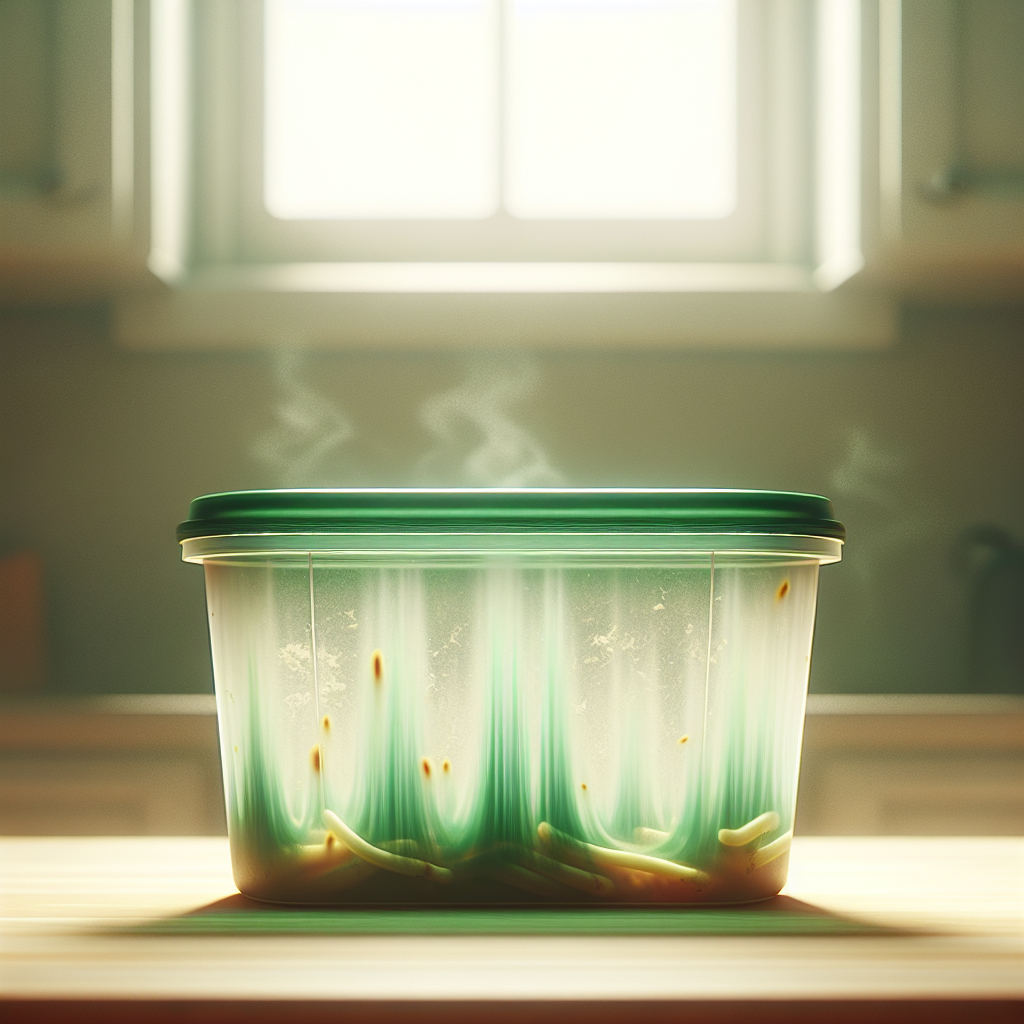 A clear plastic food storage container (Tupperware style) on a kitchen counter, slightly open, with a small amount of forgotten, slightly moldy food residue inside. A subtle, unpleasant green mist or abstract smell lines emanate from it, hinting at a bad odor. Soft, natural kitchen lighting. Realistic, clean style.