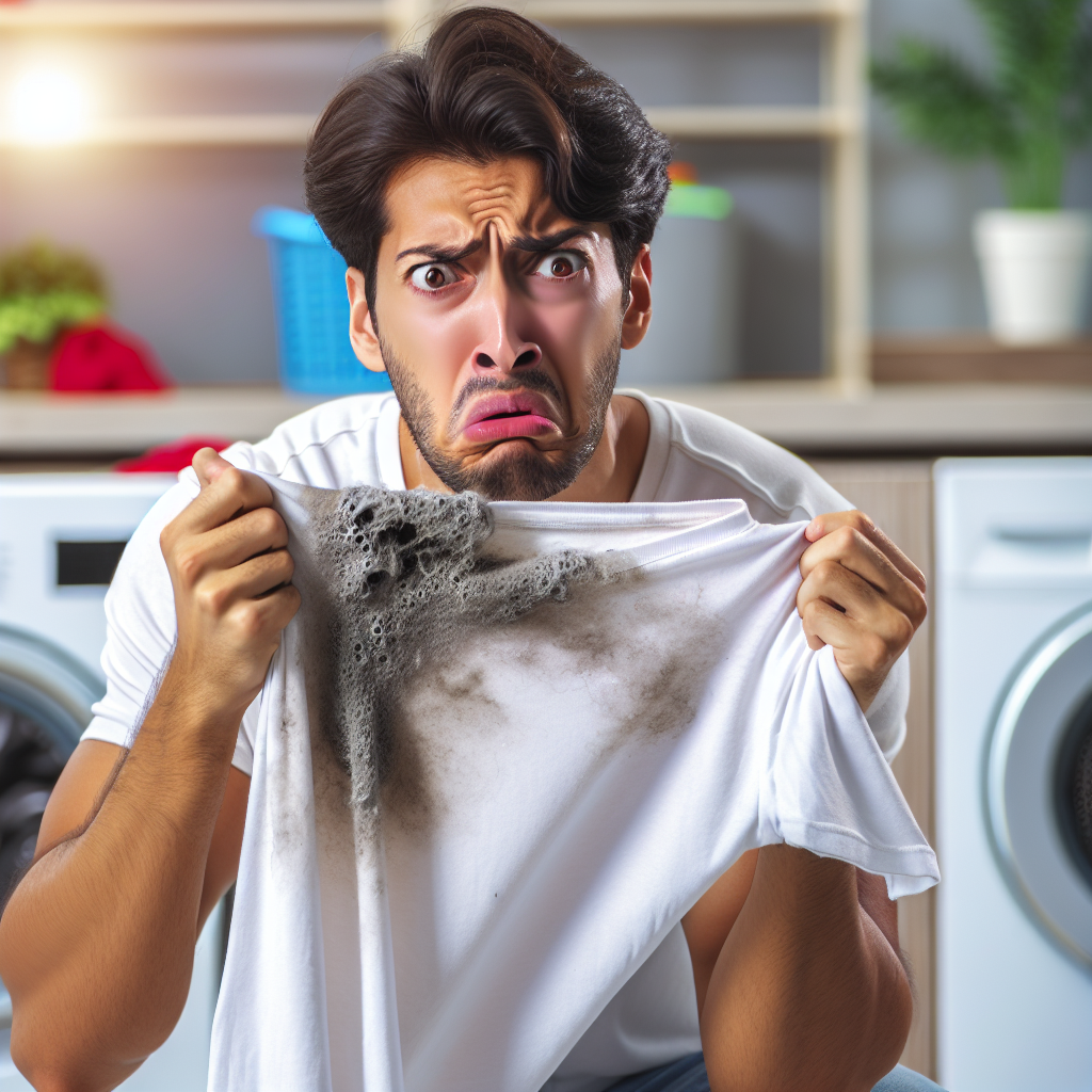 A close-up shot of a person, their face showing a clear expression of disgust and surprise, holding a damp, rumpled piece of laundry (like a white t-shirt or towel) to their nose, reacting to a strong, unpleasant moldy smell. The background is a blurred, modern laundry room with a washing machine. Bright, realistic lighting, focus on emotion.