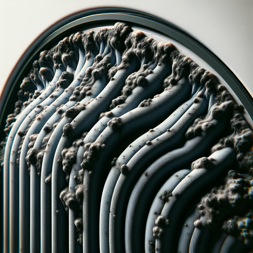 A close-up, realistic photo of a washing machine's rubber door seal, showing visible dark mold and grime accumulated in the folds. The lighting emphasizes the dampness and unpleasantness, hinting at a foul odor. Grungy, detailed, unappealing.