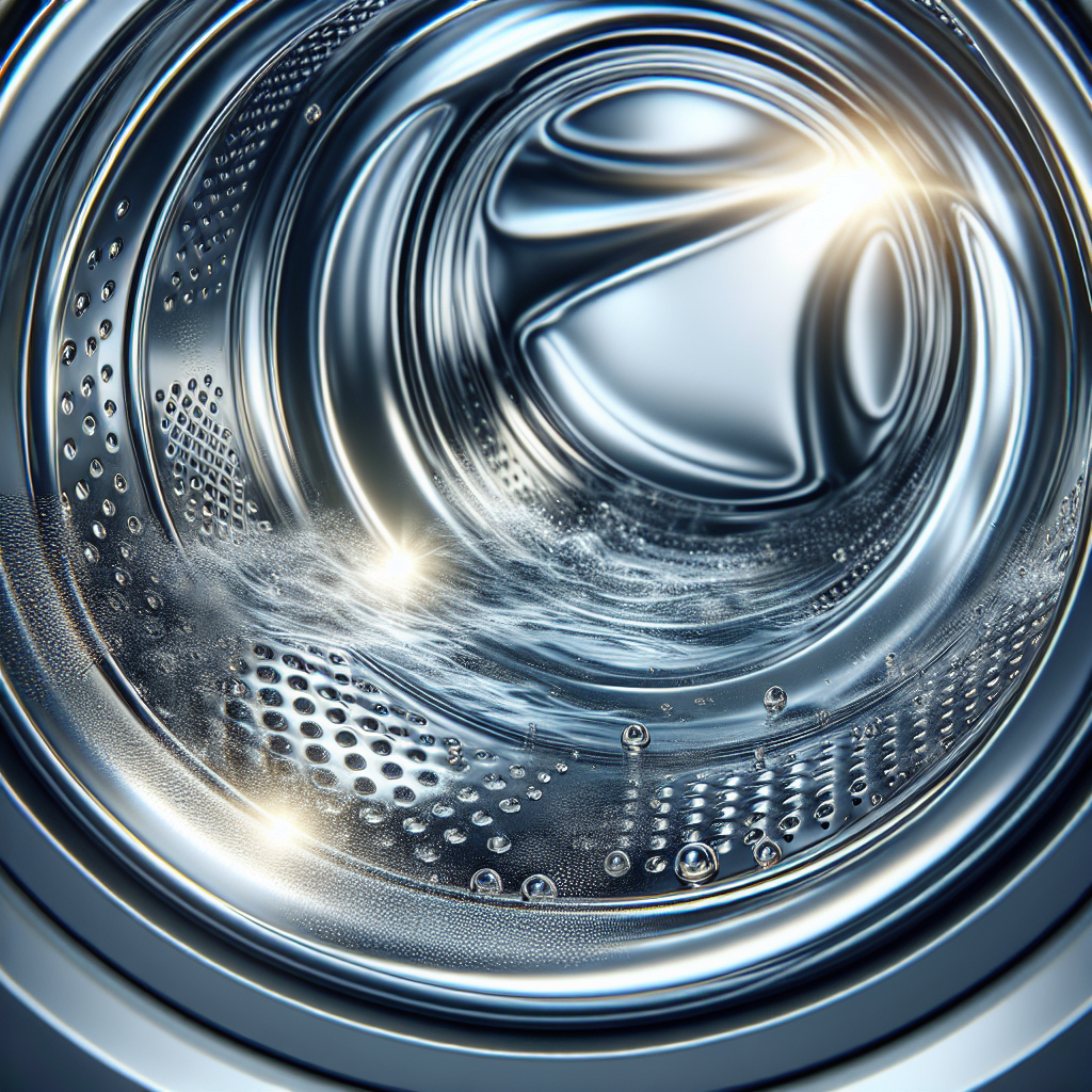 A modern, pristine washing machine drum interior, sparkling clean and reflecting light. There are subtle hints of fresh water droplets, and the overall impression is one of hygiene, freshness, and clarity, symbolizing a successful deep clean and the absence of mold. Bright, inviting, realistic.