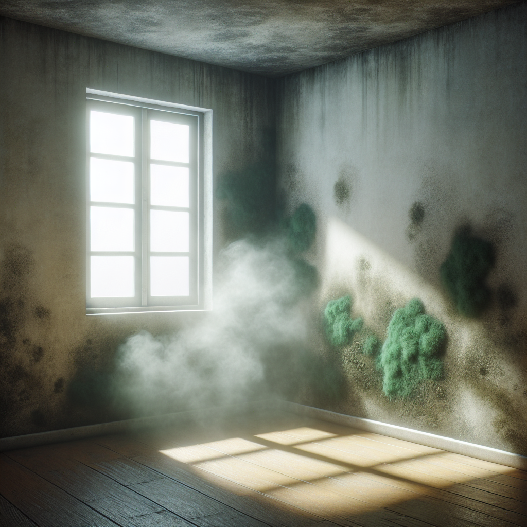 Photorealistic image of a dimly lit, slightly damp corner of an apartment room. Subtle green and grey mold patches are visible on a wall or near a window. A faint, swirling, unpleasant greenish-grey mist visually represents a strong musty smell emanating from the mold, creating an unwelcoming and slightly claustrophobic atmosphere.