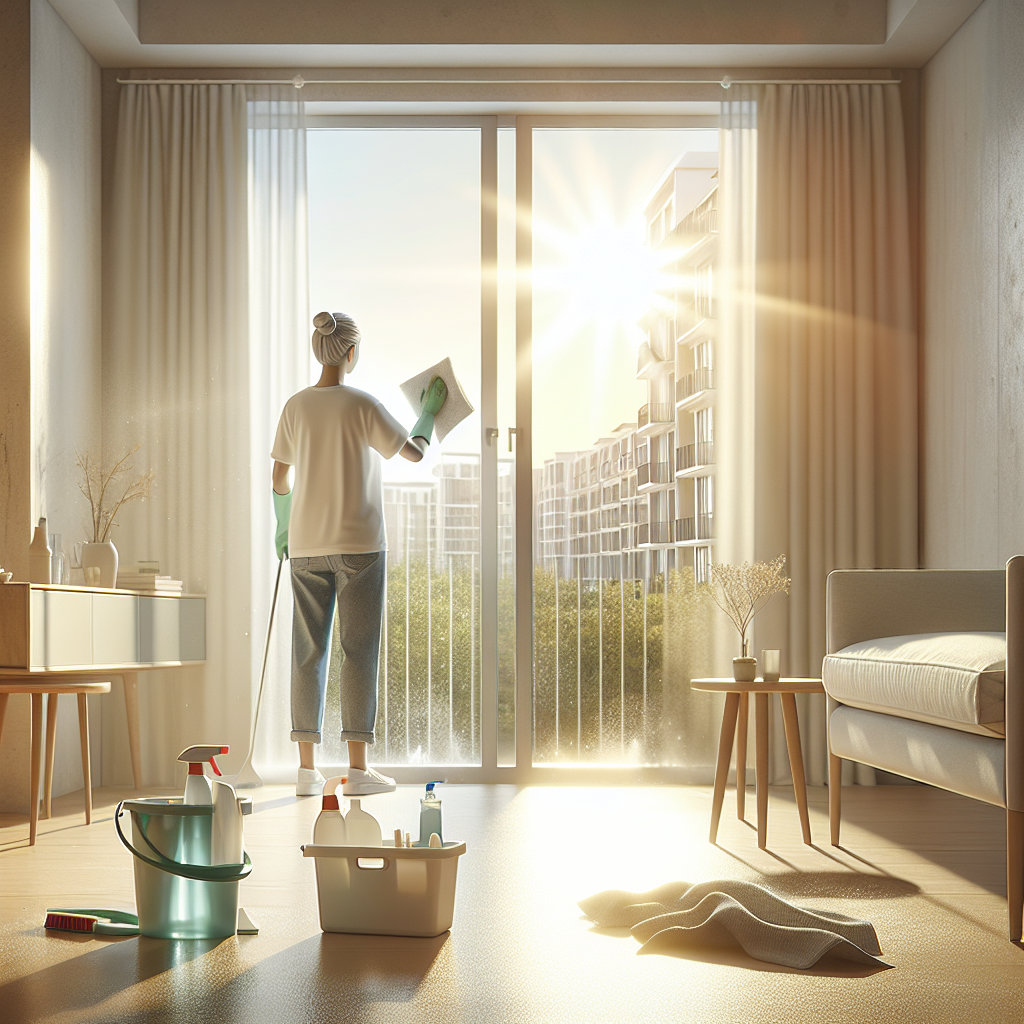 Photorealistic image of a bright, clean apartment room. Sunlight streams through a wide-open window, creating a strong sense of fresh air and ventilation. In the foreground, hands are actively wiping away a small, isolated mold spot on a light-colored wall with a cleaning cloth and a spray bottle, symbolizing effective cleaning and the removal of the problem.