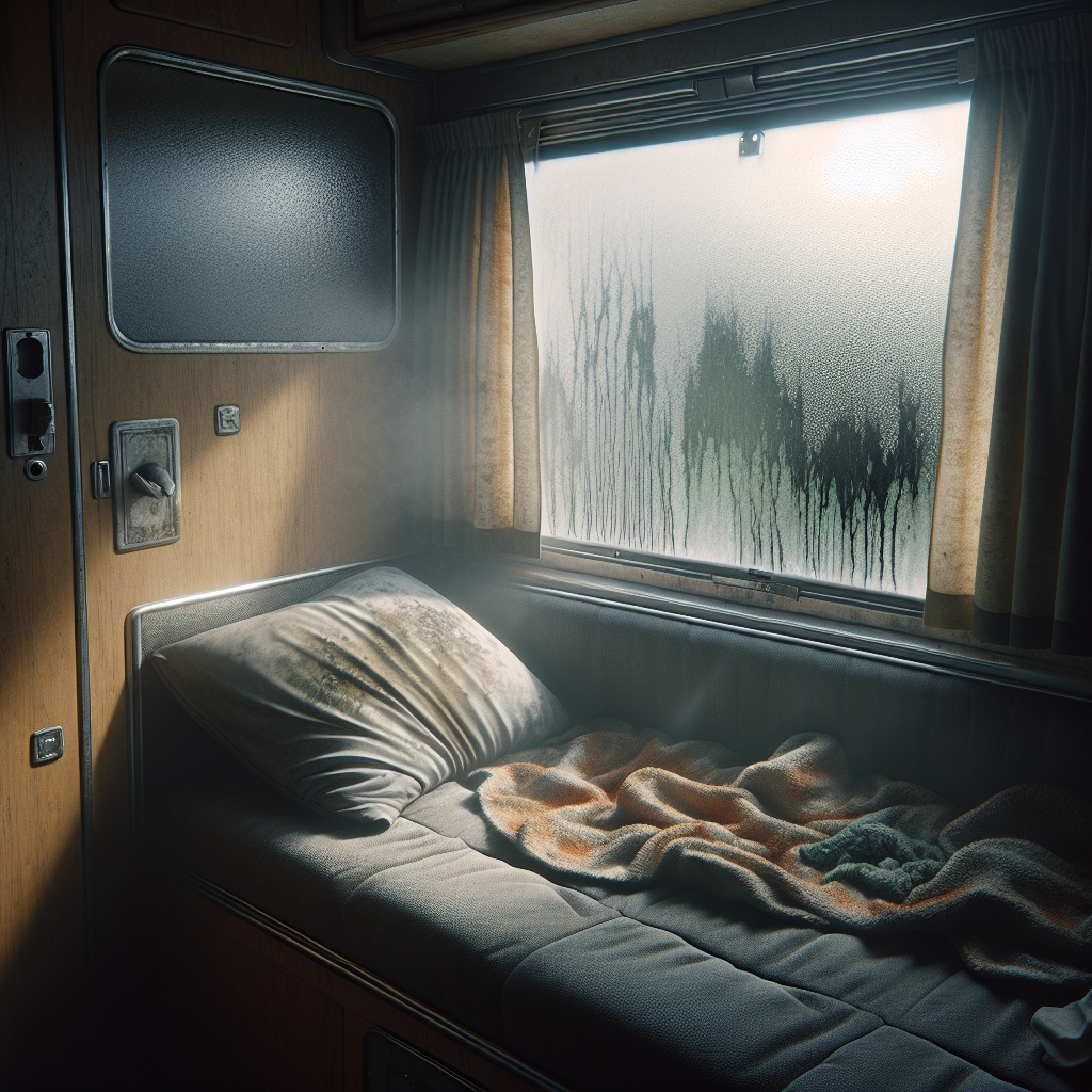 Ein leicht dunkles, feuchtes und muffiges Interieur eines Wohnwagens. An den Fenstern ist Kondenswasser zu sehen, und ein leicht verfärbter Stoff auf einem Kissen deutet auf einen unangenehmen Schimmelgeruch hin. Realistische Fotografie, leicht entsättigte Farben.