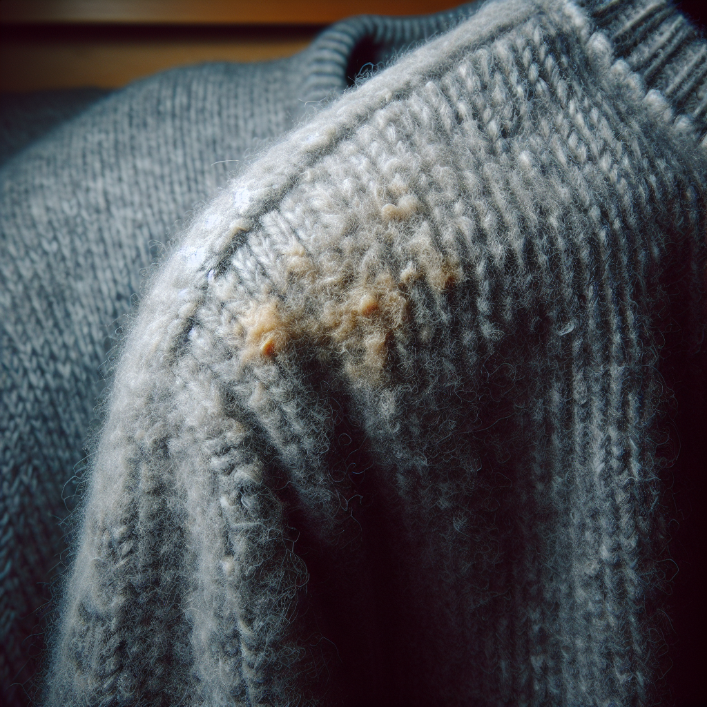 A close-up shot of a thick, grey wool sweater, visually conveying a subtle, unpleasant musty odor. The texture of the wool is visible, perhaps with a hint of dampness or a muted, somewhat discolored patch. The atmosphere is slightly dim and enclosed, emphasizing the challenge of the mold smell. Realistic, indoor lighting, focus on the fabric texture.