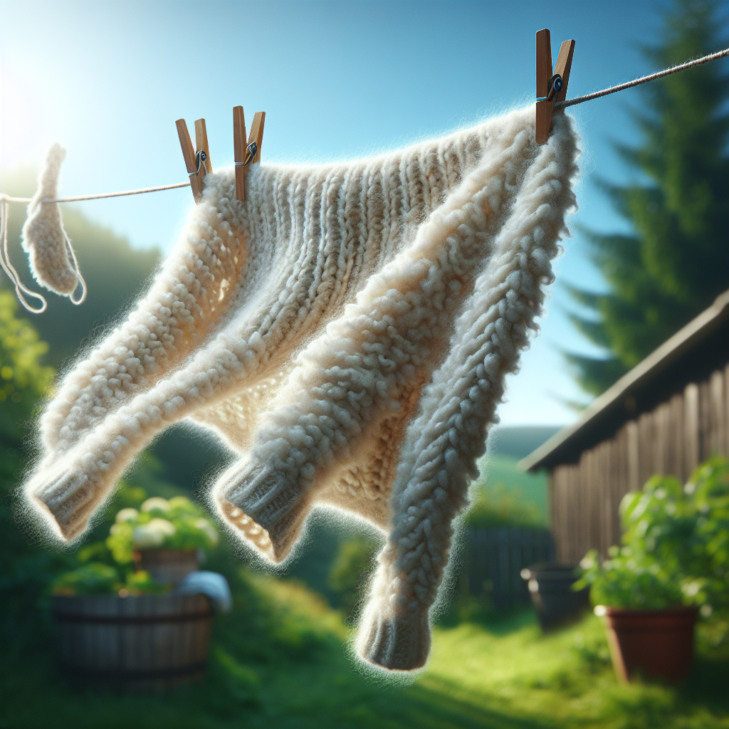 A soft, clean wool blanket or a chunky knit sweater gently hangs on a wooden clothesline outdoors, swaying slightly in a fresh, gentle breeze. The background shows blurred greenery or a bright, clear sky, symbolizing ventilation and natural freshness. The lighting is bright and natural, conveying a sense of renewed cleanliness and comfort. Realistic, serene.