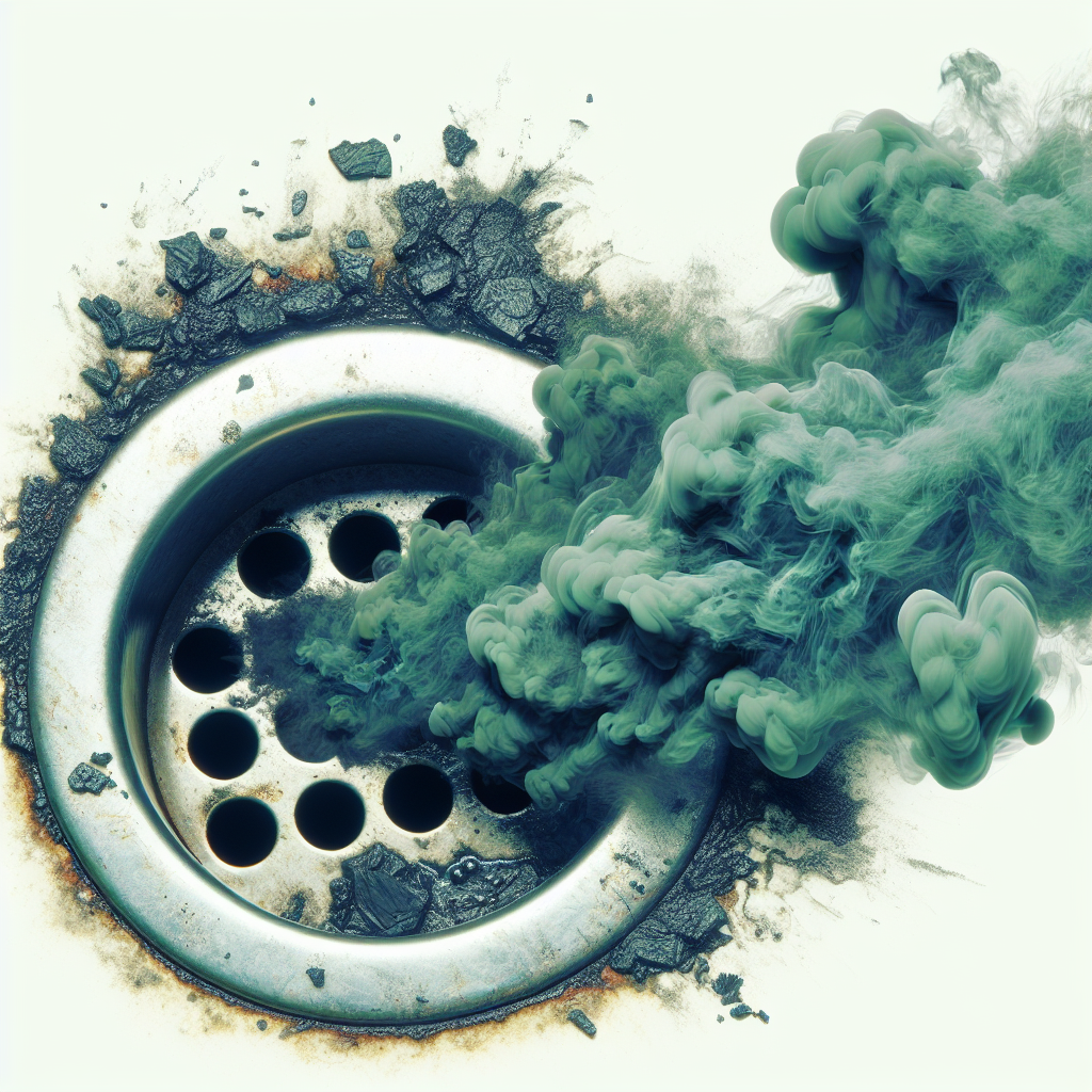 A close-up, slightly moody shot of a kitchen sink drain with visible grime and dark, stylized, unpleasant green-grey moldy fumes or odors wafting upwards from the opening. The overall impression is one of an unhygienic, smelly drain. Realistic photo.