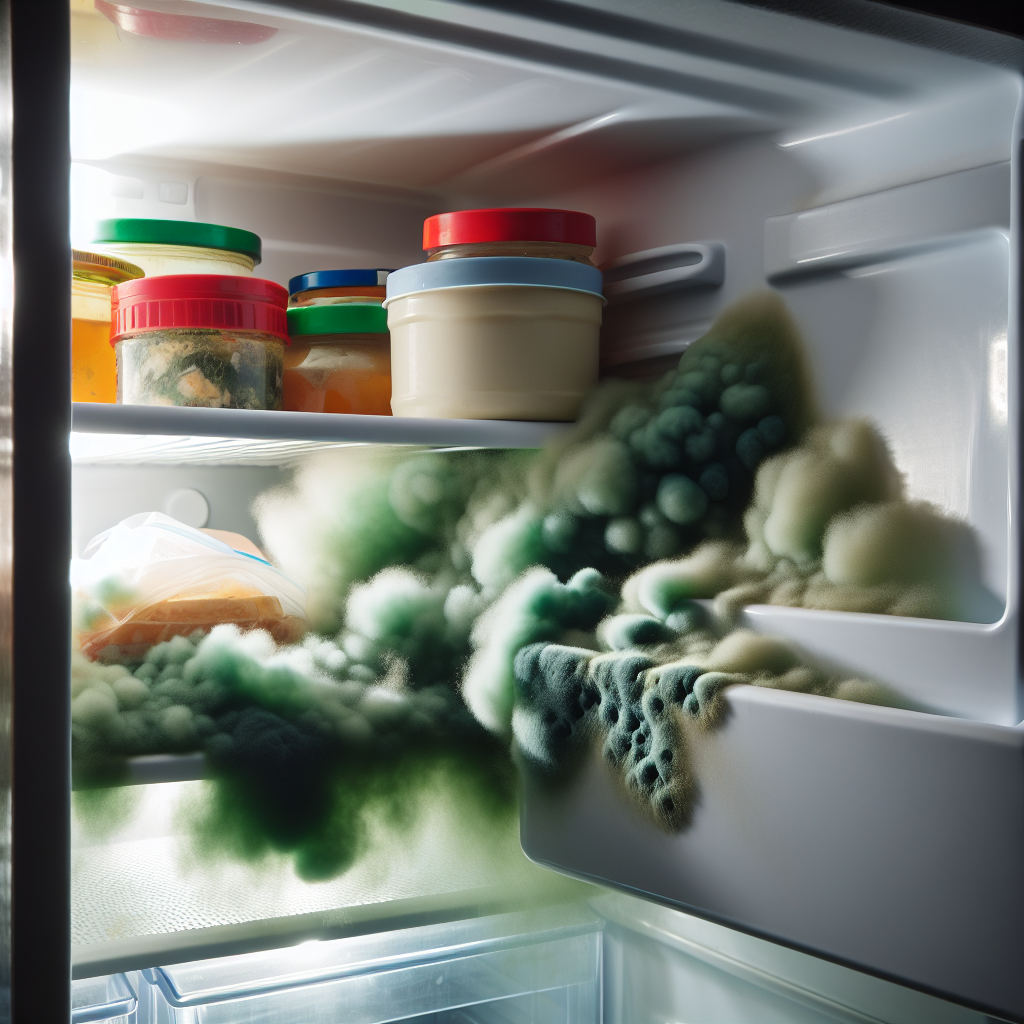 A slightly ajar refrigerator door, with a visible, unpleasant, musty green cloud of odor gently wafting out. Inside, faint, subtle patches of mold are visible on forgotten food items in the background, conveying a strong sense of staleness and a bad smell. Realistic, slightly dark and uninviting lighting.