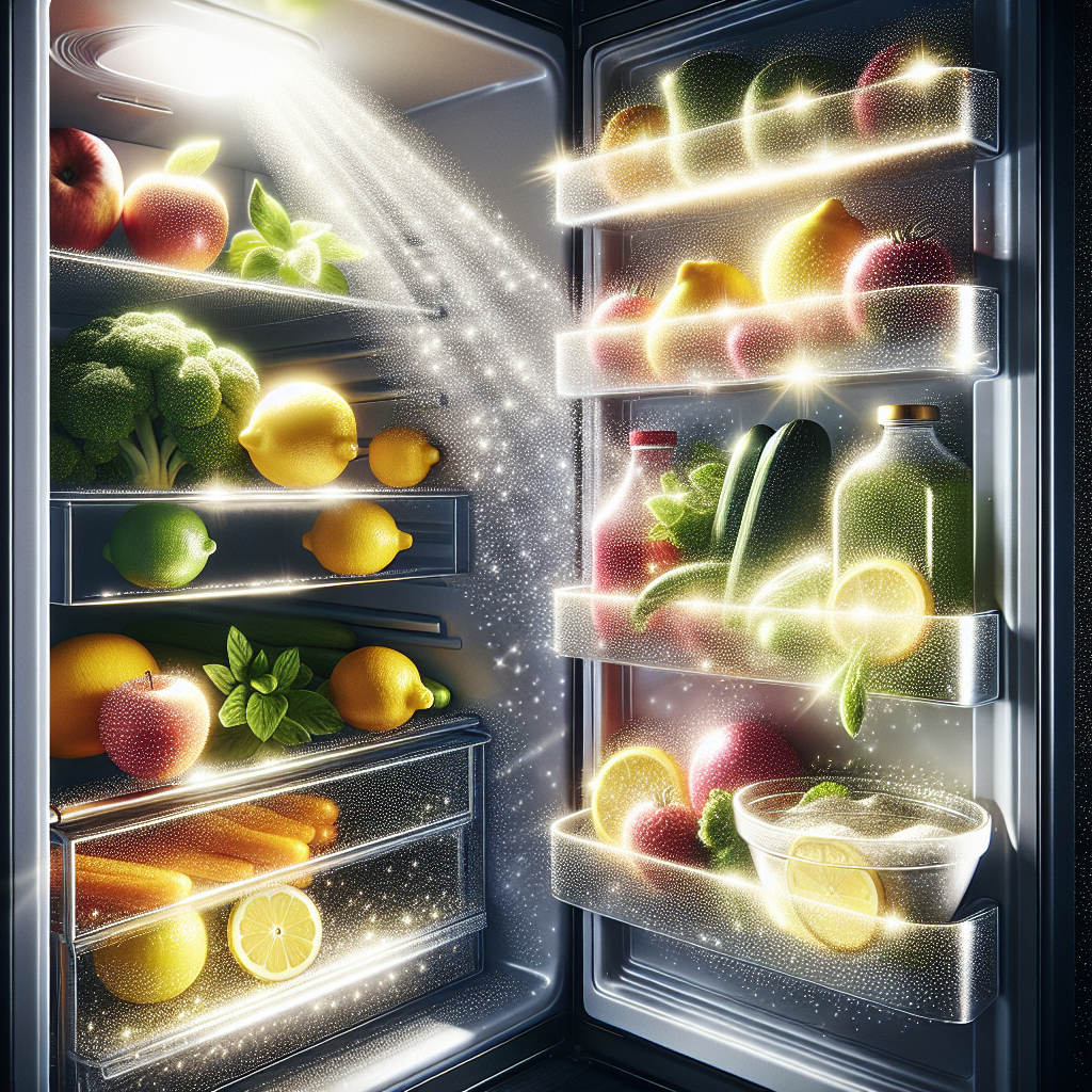 A sparkling clean and freshly organized refrigerator interior, gleaming with hygiene. Bright, clear lighting illuminates neatly arranged fresh fruits and vegetables, and a small bowl with lemon slices or baking soda sits on a shelf, symbolizing freshness and a pleasant smell. Realistic, inviting and bright.