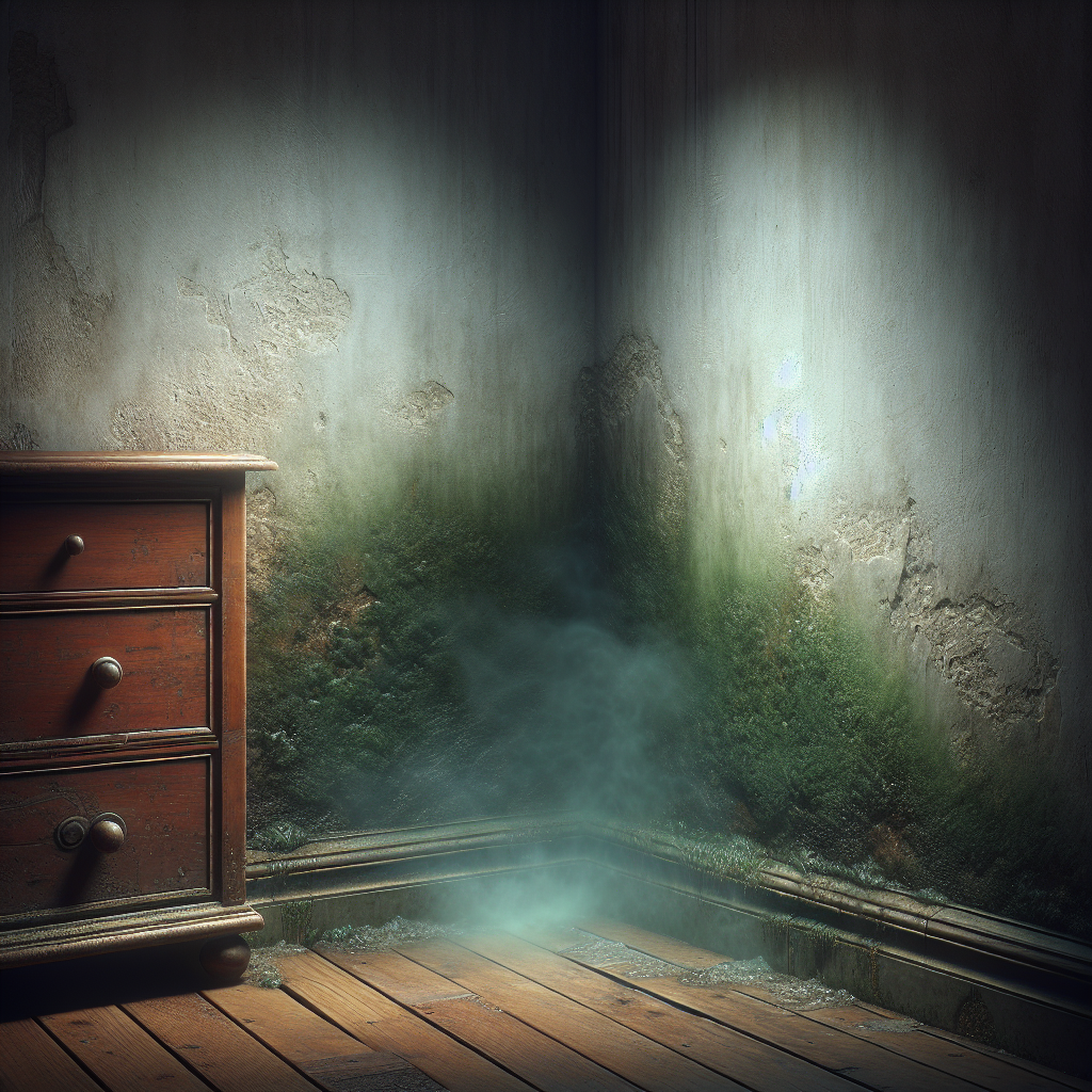 A dimly lit, slightly damp corner of a room, behind an old wooden cabinet. A faint, unpleasant, musty green-brown mist subtly wafts in the air, representing the lingering smell of mold. The atmosphere is unwelcoming and stale. Photorealistic, high detail.