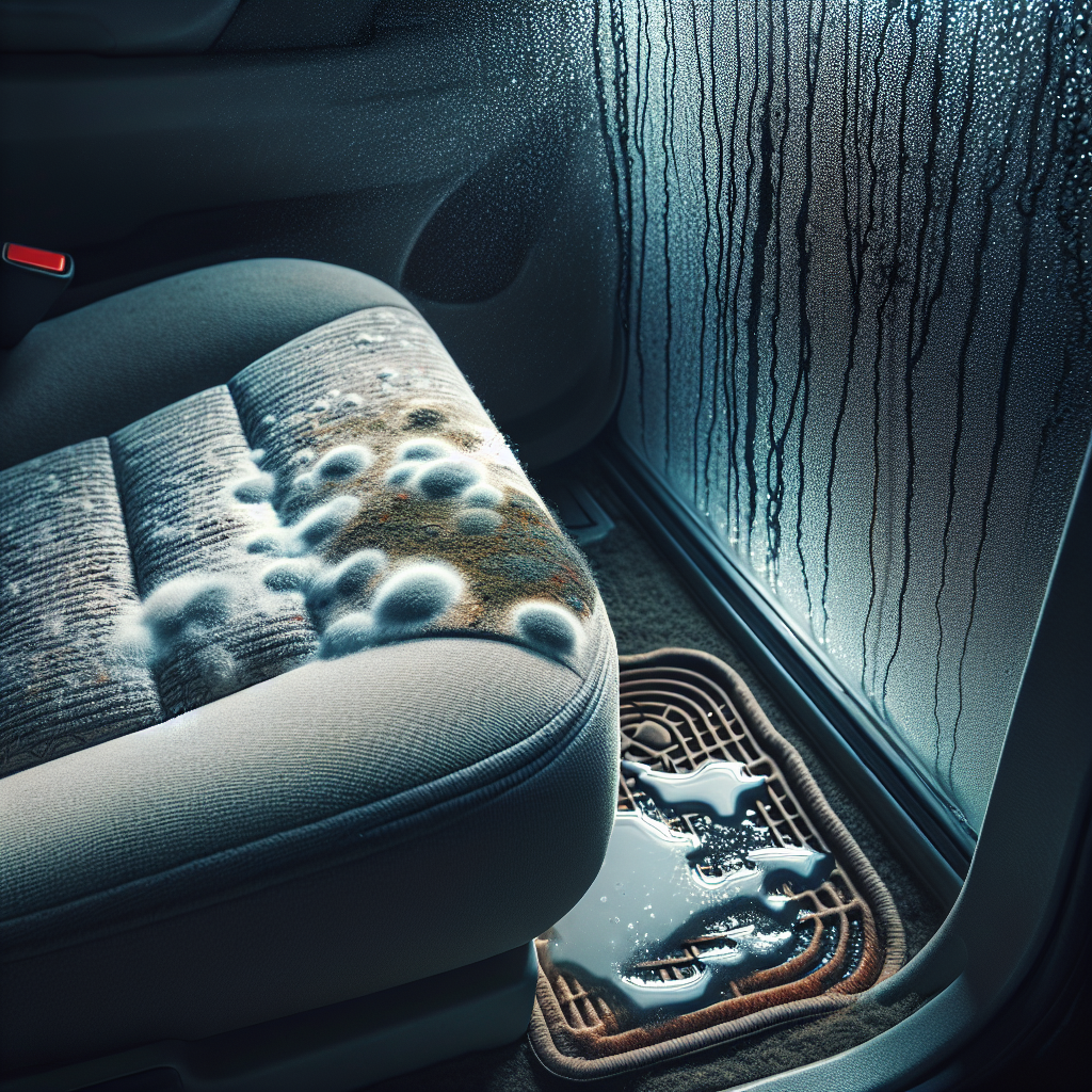 An atmospheric close-up shot of a car's interior, showing visible mold spots on a fabric car seat and a damp, dark floor mat. Condensation clings to the inside of the window, reflecting a dim, cold light. The overall scene conveys a strong sense of a musty, unpleasant odor and neglected dampness, with a slightly desaturated, moody color palette.