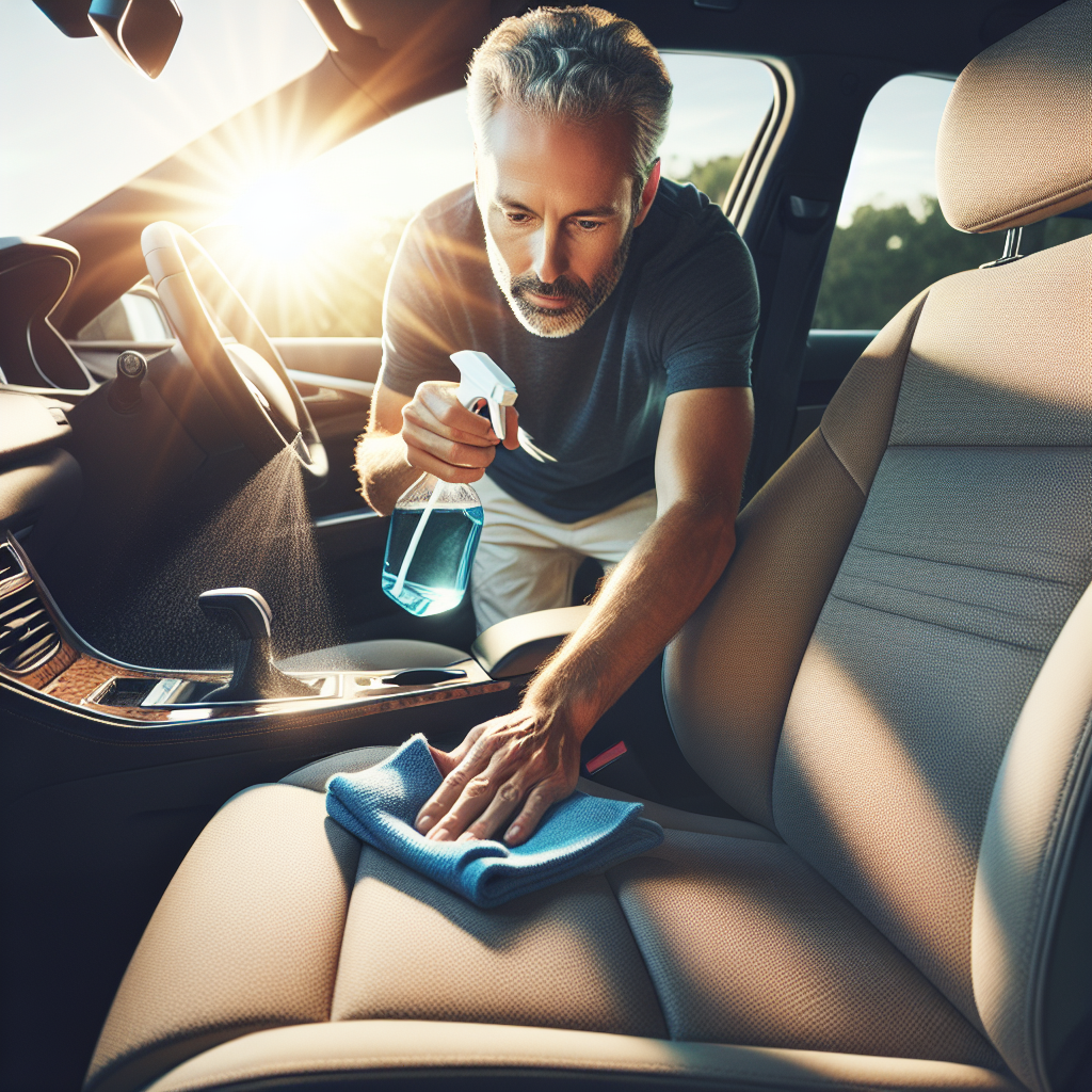 A bright, clean image of a person's hands actively cleaning the fabric upholstery of a car seat with a spray bottle and a microfiber cloth. Sunlight streams powerfully through an open car door and window, illuminating the interior and creating a fresh, airy, and hopeful atmosphere. The focus is on thorough cleaning and revitalization, emphasizing a sense of freshness.