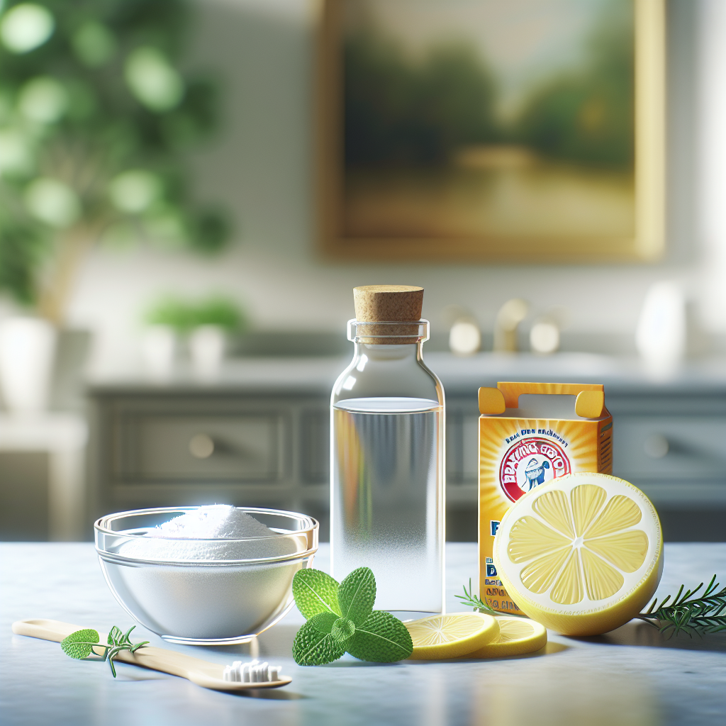 A minimalist and clean kitchen or bathroom counter with an aesthetically pleasing arrangement of natural household remedies for odors: a small glass bowl of white vinegar, a few fresh lemon slices, a small open box of baking soda, and a sprig of a fresh herb like mint or rosemary. The background is softly blurred, bright, and inviting, symbolizing a fresh, odor-free home. Natural light, soft colors, high resolution.