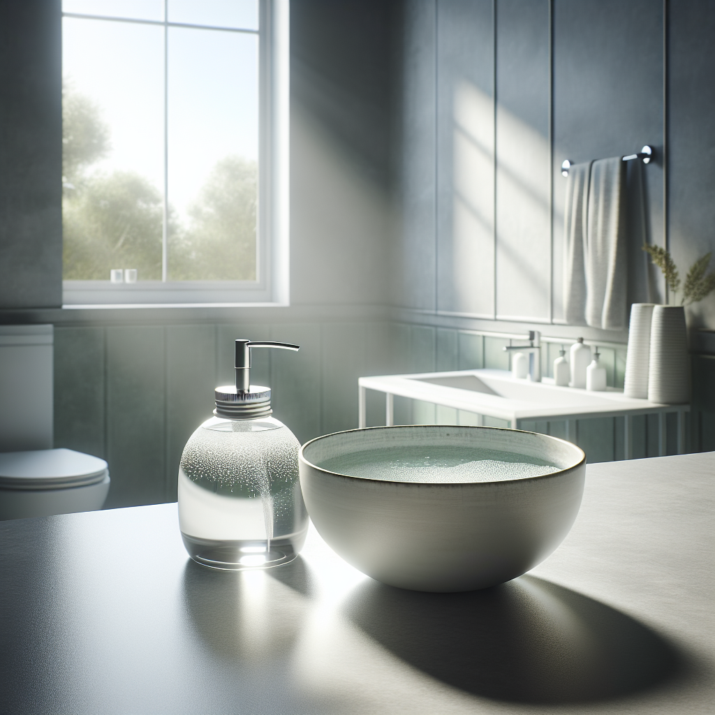 A subtle, unpleasant greenish-grey haze subtly wafts in a clean, modern bathroom, representing mold smell. In the foreground, a simple white ceramic bowl filled with clear white vinegar sits on a counter. A gentle, clear breeze and bright light streams in from an unseen window, symbolizing freshness and odor removal. Realistic photography, natural light, minimalist aesthetic.