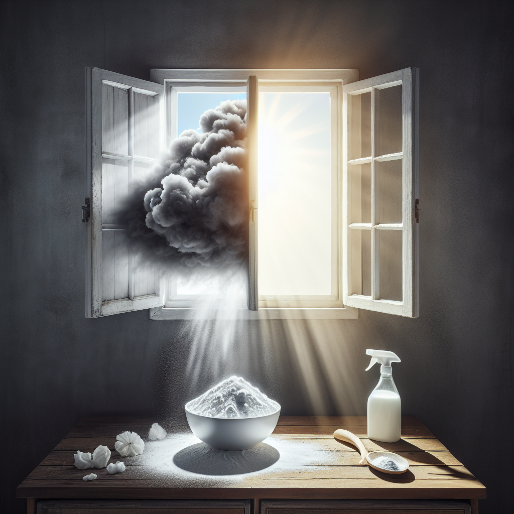 A symbolic image representing the removal of musty mold smell. On one side, a faint, wispy dark grey cloud dissipates from a damp, dark corner of a room. On the other side, an open window with bright sunlight streams in, illuminating a clean, fresh space. A small, simple bowl of white powder (suggesting baking soda) and a spray bottle are subtly placed on a clean surface. The overall atmosphere is one of freshness, cleanliness, and renewal. Realistic, bright photography.