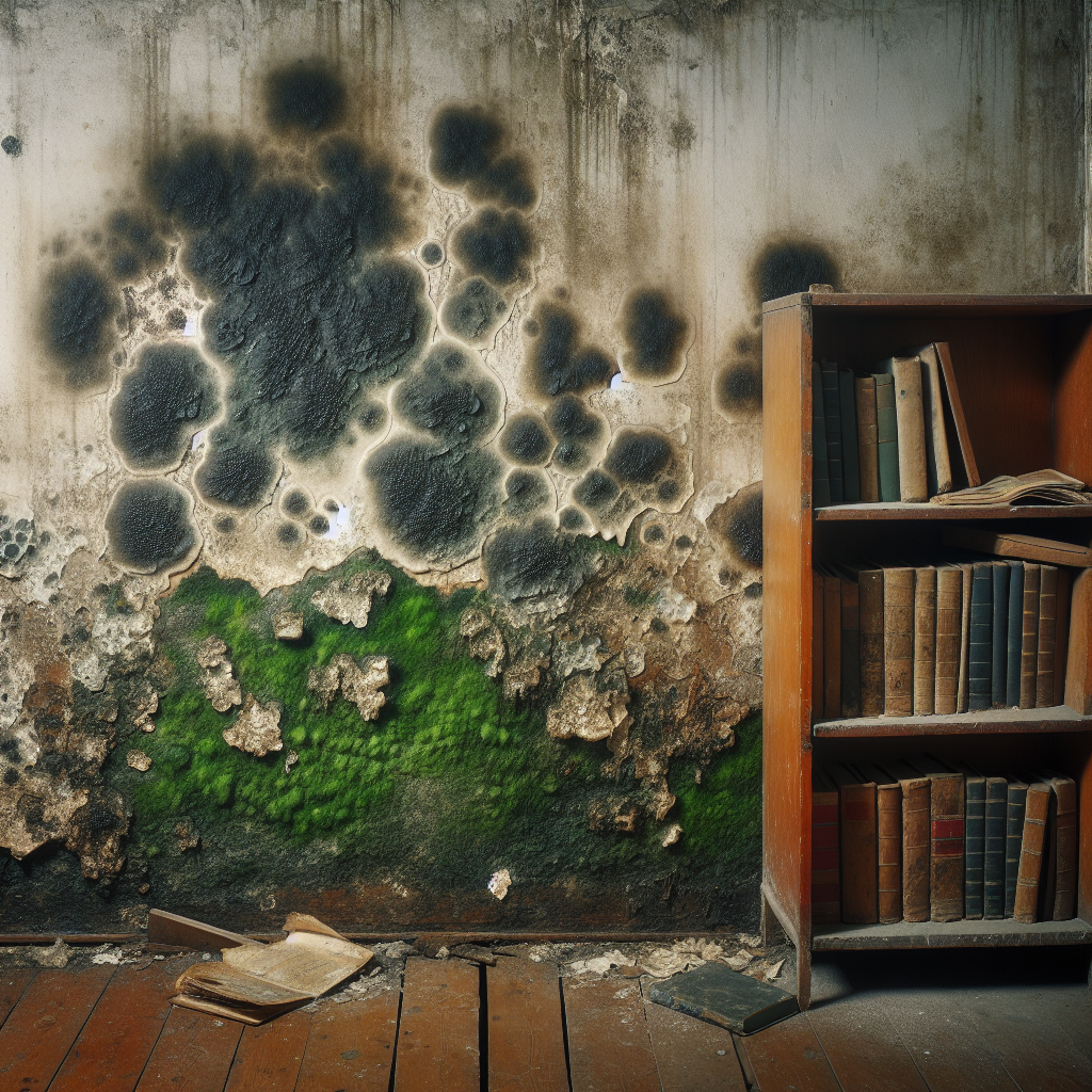 A close-up of a damp, neglected corner in a home, showing distinct patches of dark green and black mold spreading across a wall behind an old, slightly dusty wooden bookshelf. The scene evokes a strong sense of mustiness and an unpleasant, earthy odor. Realistic photography, indoor lighting, focus on texture and detail of mold.