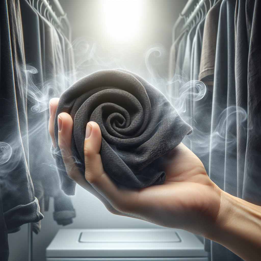 A close-up shot of a hand holding up a piece of dark, damp-looking fabric, with subtle visual cues of a musty smell emanating from it, perhaps faint, swirling mist. The background is a blurred, slightly dim laundry room or closet. Realistic, high-contrast lighting.