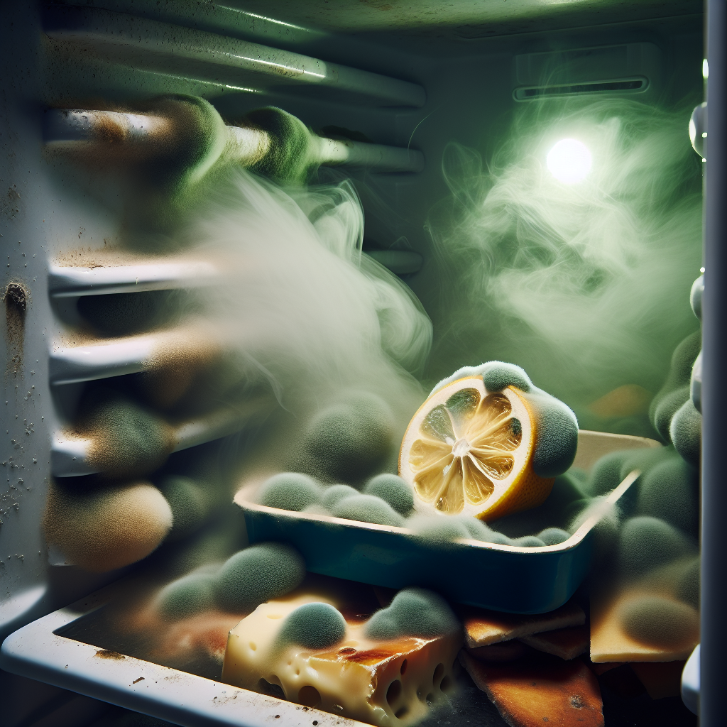 Close-up inside a slightly opened, neglected refrigerator. Greenish-grey misty fumes subtly emanate from a forgotten, moldy food item (e.g., an old lemon half or forgotten cheese) in a dimly lit corner. The scene conveys an unpleasant, stale, and neglected feeling. Realistic, slightly gritty style.