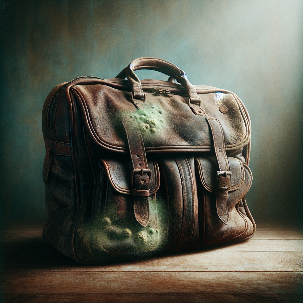A close-up of a vintage dark brown leather bag or jacket with subtle patches of light green mold and mildew, giving off a musty appearance. The background is slightly blurred, hinting at a damp, poorly ventilated environment like a cellar. Soft, natural light. Realistic, detailed photography.