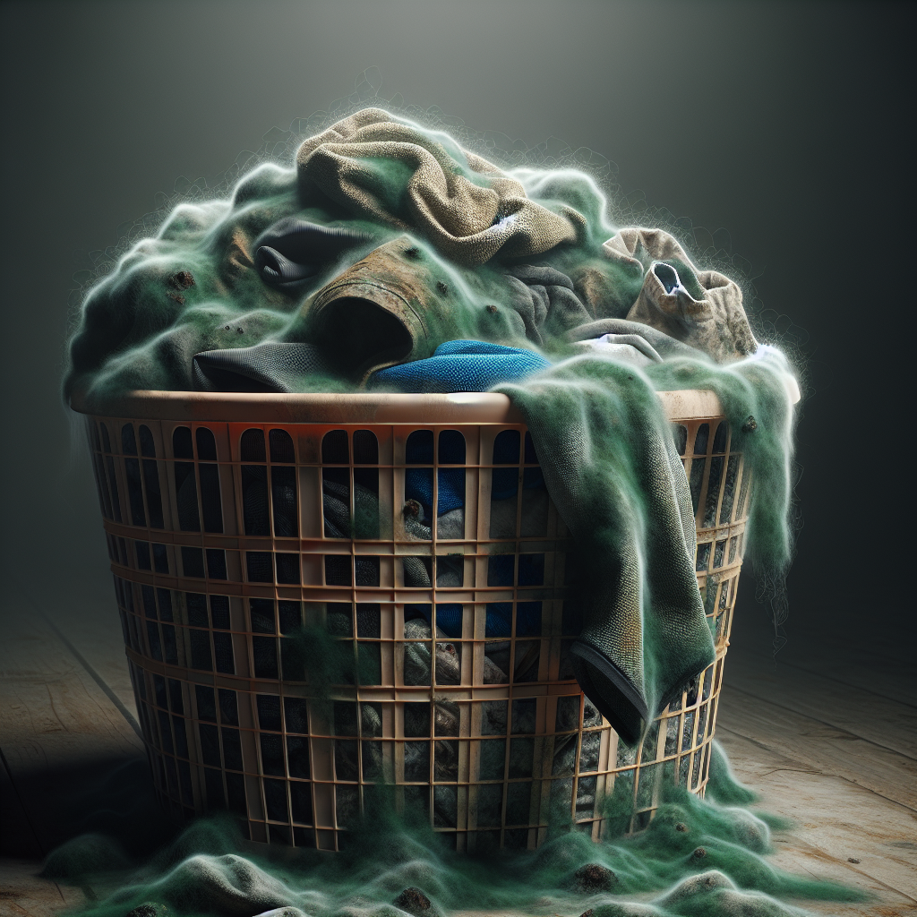 A close-up of a laundry basket overflowing with damp, slightly discolored or dark-spotted textiles (e.g., towels, gym clothes), emitting subtle wavy lines or a faint greenish haze to visually represent a strong, musty mold smell. The setting is somewhat dim, conveying a forgotten and damp environment. Realistic photo style, focus on the unpleasantness of the odor.