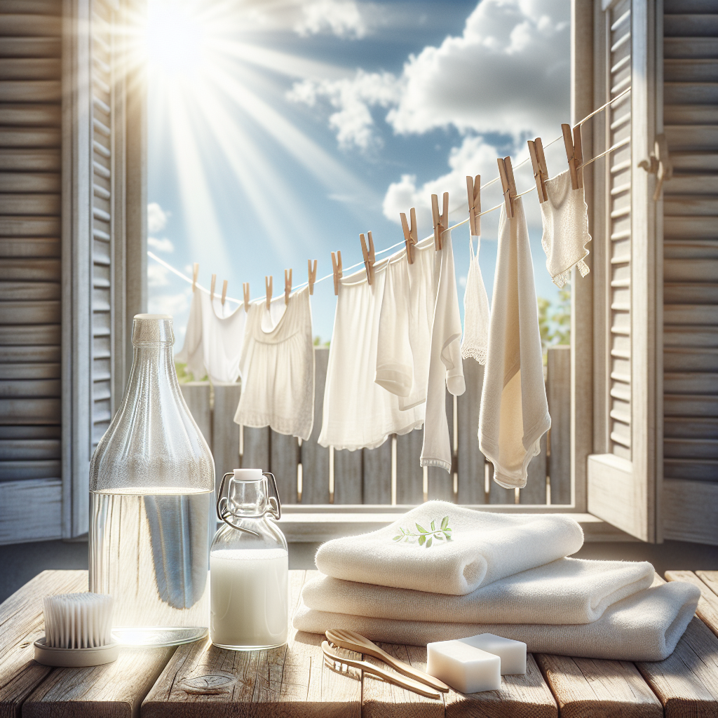 Bright and inviting scene of freshly laundered white towels and light-colored clothing hanging on an outdoor clothesline, gently blowing in a soft breeze under clear, sunny skies. In the foreground, on a rustic wooden table or window sill, a bottle of white vinegar and a small box of baking soda are subtly placed, hinting at natural cleaning solutions. Emphasize freshness, cleanliness, and sunlight. Realistic, airy photo style.
