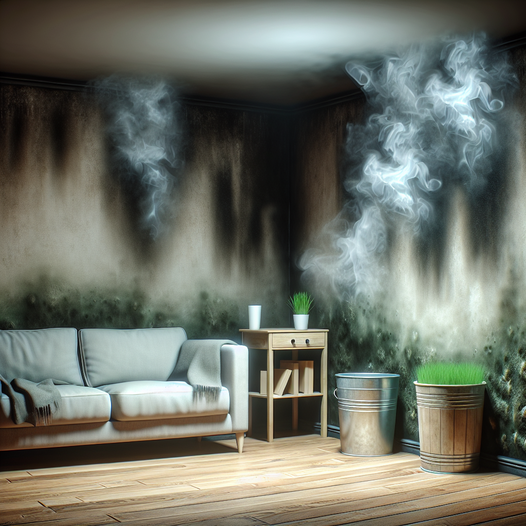 A subtle, atmospheric depiction of a musty mold smell in an apartment. Faint, grayish-green wisps of odor subtly rise from a dark, damp corner of a room, possibly near a baseboard or behind a piece of furniture. The room has a slightly neglected, dim feel, emphasizing the hidden nature of the problem. No visible large mold patches, but the air itself feels heavy and unpleasant. Realistic, soft lighting.