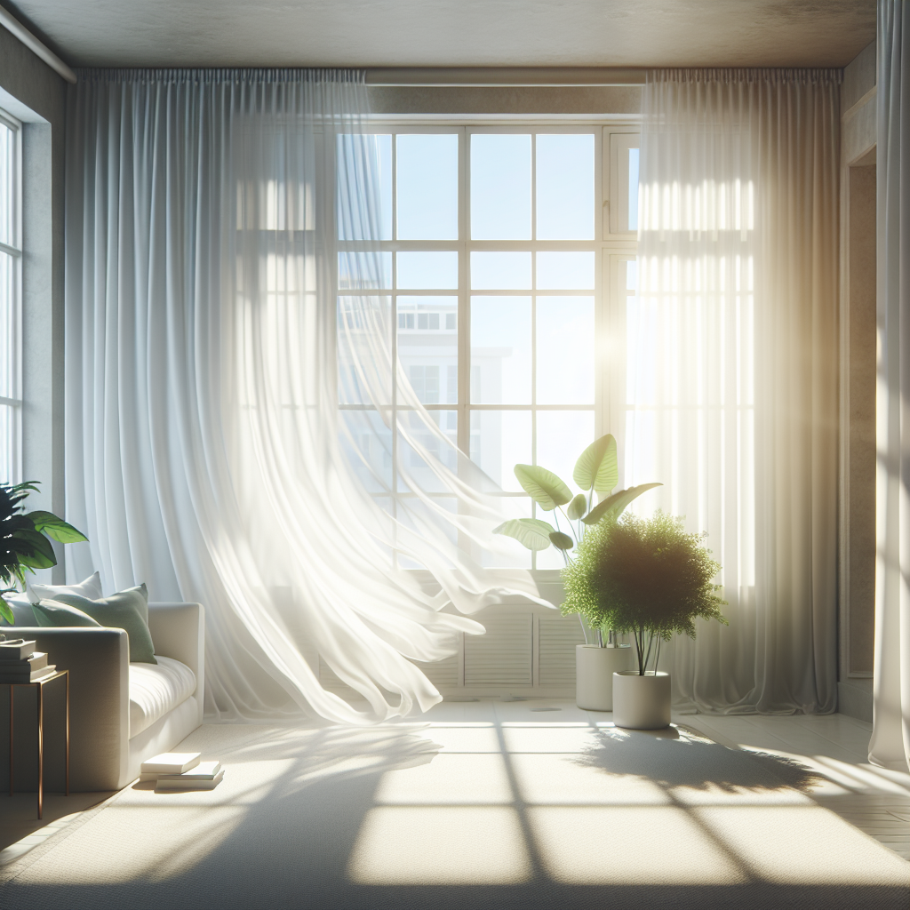 A bright and airy apartment interior with a wide-open window, through which a gentle breeze and abundant sunlight stream into the room. Sheer white curtains are softly billowing inwards, symbolizing fresh air circulation. The room feels clean, fresh, and revitalized, with green houseplants in the foreground, suggesting a healthy living environment. Realistic, inviting atmosphere.